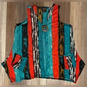 Multiples Women’s Vest Tunic Blouse Shirt Striped Red Teal Black Petite Medium